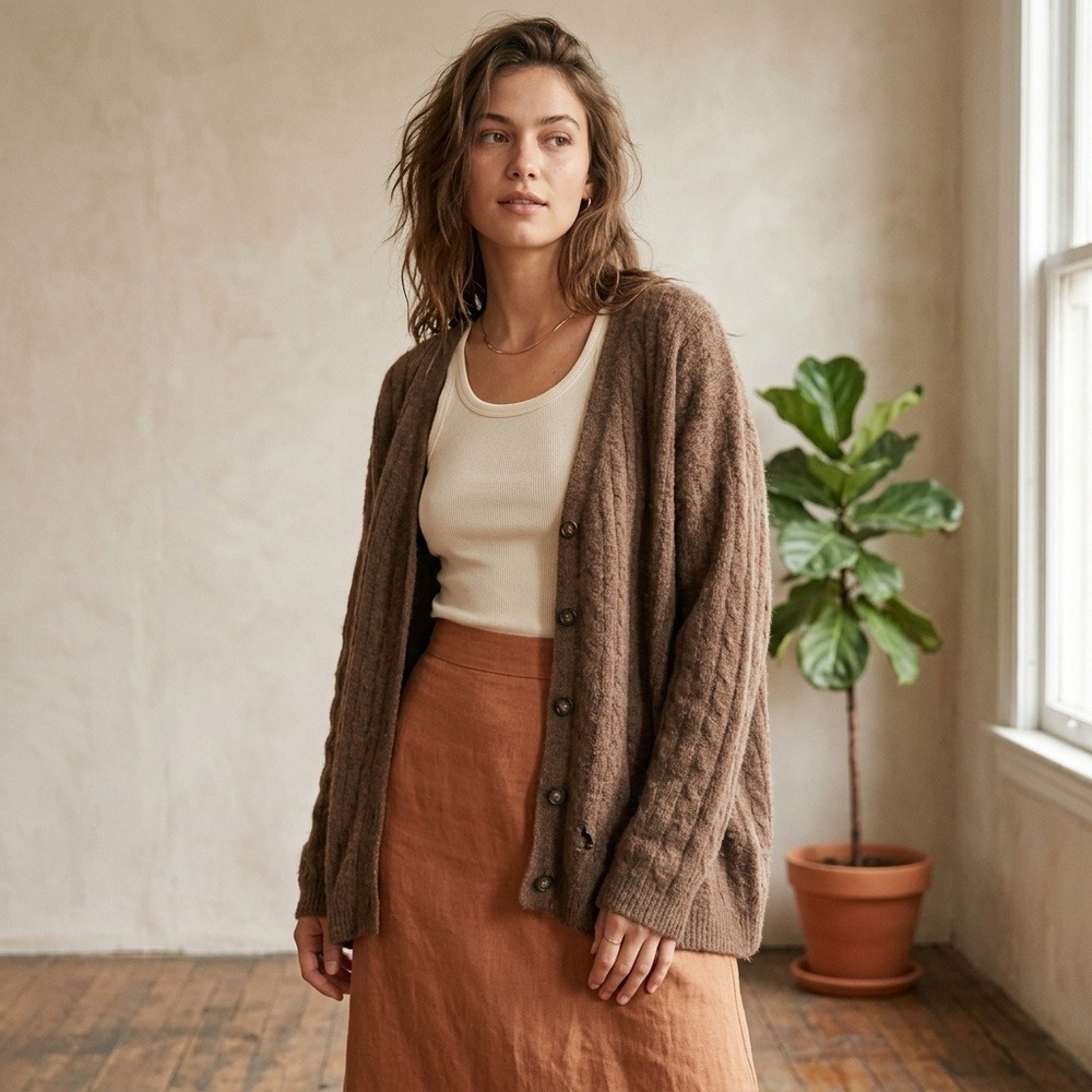Reformation Giusta Oversized Cashmere Cardigan Sweater Womens XL Brown Cableknit